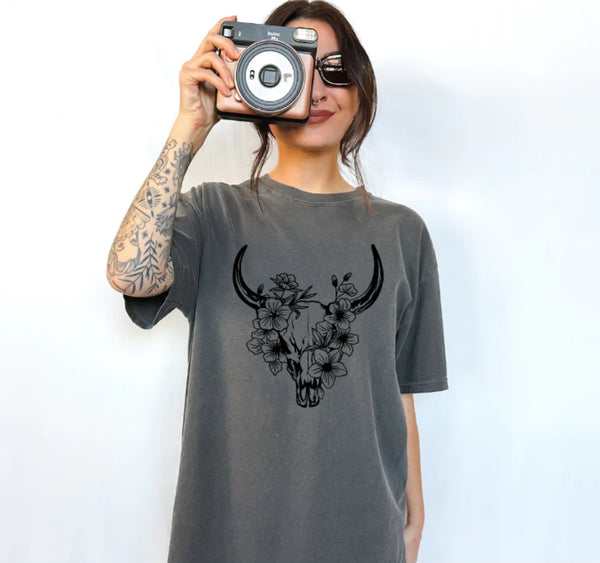Floral cow skull Screen Print Transfer
